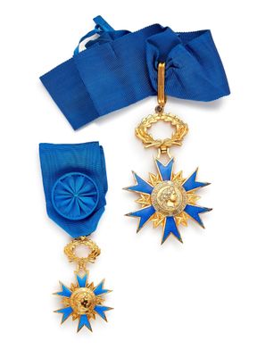 deux médailles et un ruban bleu sur fond blanc