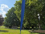 a blue sculpture in the middle of a grassy area