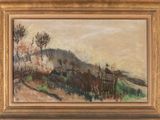 an oil painting of a landscape with a fence and a mountain in the background