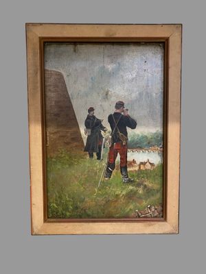 une peinture à l'huile représentant deux hommes debout dans un champ avec un chien
