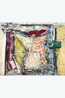 abstract painting of a painting of a woman in a white dress
