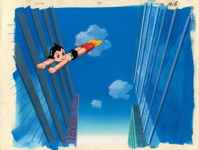 dessin humoristique représentant un garçon volant dans les airs, une fusée à la main