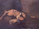 un vieux tableau représentant un homme allongé sur un lit, la tête posée sur un oreiller