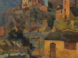 une image d'un tableau représentant un village sur une colline