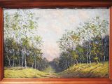 painting of a landscape with trees and grass in a wooden frame
