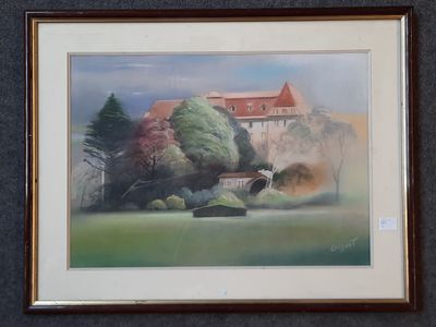 tableau représentant une maison dans un champ, avec des arbres et une montagne en arrière-plan