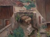 a painting of a small stream running through a village
