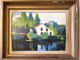 une peinture à l'huile représentant une maison blanche au bord d'un plan d'eau
