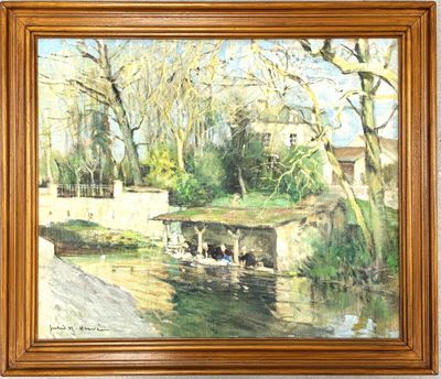une peinture à l'huile représentant une scène fluviale avec des canards dans l'eau