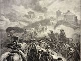 an old picture of a group of men on horses in front of a building