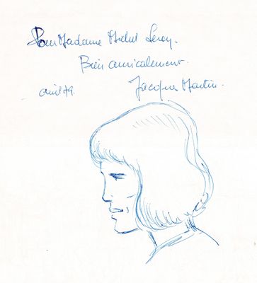 dessin représentant le profil d'une femme, surmonté d'une citation manuscrite