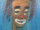 an oil painting of a man with a clown ' s face on a blue background