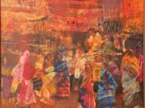 une peinture à l'huile représentant un groupe de personnes se promenant dans un marché