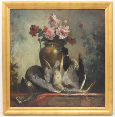 un tableau représentant un oiseau et un vase de fleurs posé sur une table