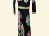 black and multicolored floral print long sleeved dress with belt