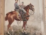 an old book with a drawing of a man on a horse and a man on a horse
