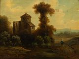 painting of a man riding a horse in front of a castle