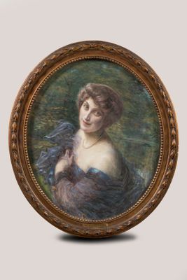 painting of a woman in a blue dress holding a fan