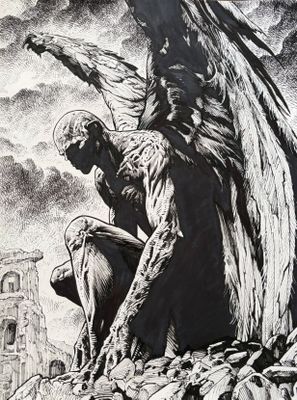une image représentant un dessin en noir et blanc d'un homme assis au sommet d'un tas de gravats