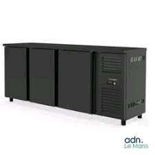 a close up of a black refrigerator with three doors on the side