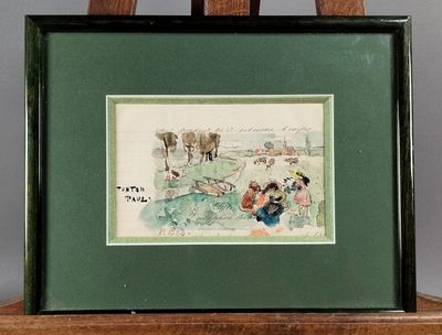 une photo d'une photo représentant un homme et une femme assis sur un banc, avec des vaches en arrière-plan