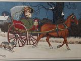 un tableau représentant un cheval tirant une calèche dans laquelle se trouve un homme