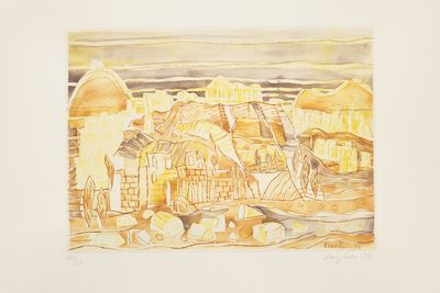 painting of a village in the middle of a desert with mountains in the background