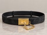 black leather belt with gold buckle and chain