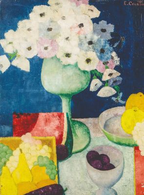 une image représentant un tableau avec des fleurs et des fruits sur une table