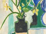 a painting of flowers in a vase on a table