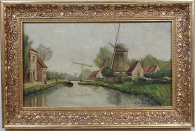une peinture à l'huile représentant un moulin à vent et un canal, dans un cadre doré