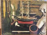 a painting of a teddy bear sitting next to a painting of a boat