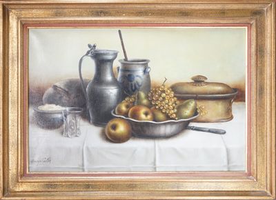 une peinture représentant une nature morte avec un bol de fruits et un pichet