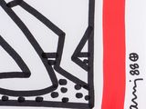 red, white and black drawing of a man sitting on a bench