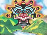 une image représentant un tableau où l'on voit un visage avec une montagne en arrière-plan