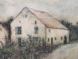 painting of a white house with a red roof in a rural area