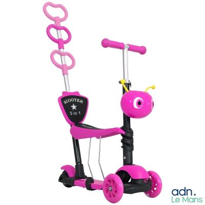 the pink scooter has two wheels and a handlebar