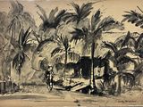 une image représentant un dessin d'une maison au milieu de la jungle