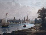 tableau représentant une vue sur une rivière avec des bateaux et des personnages