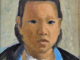 tableau représentant un jeune enfant vêtu d'une veste noire et d'une chemise bleue