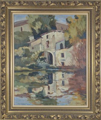 an oil painting of a house by the water