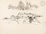 drawing of a drawing of a man riding a motorcycle in front of a building