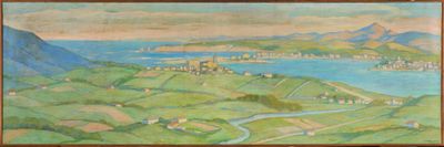 painting of a view of a city and a river in a wooden frame