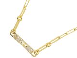 a close up of a gold chain with a diamond bar on it