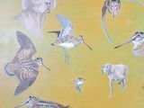 a painting of a dog surrounded by birds on a yellow background