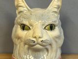 a white cat head with a pink collar on a shelf