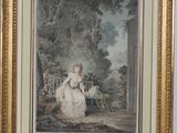 tableau représentant une femme en robe blanche assise sur un banc