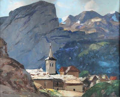 un tableau représentant une église dans les montagnes, avec une montagne en arrière-plan