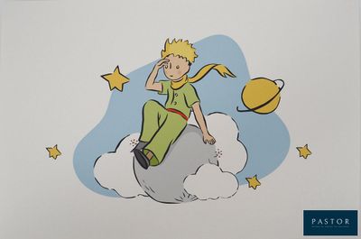 Le Petit Prince est assis sur un nuage parsemé d'étoiles