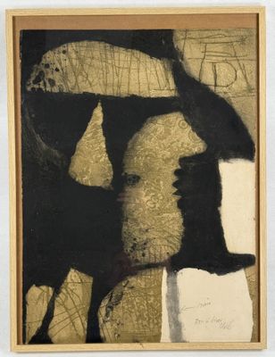 an image of a black and gold painting on a white wall